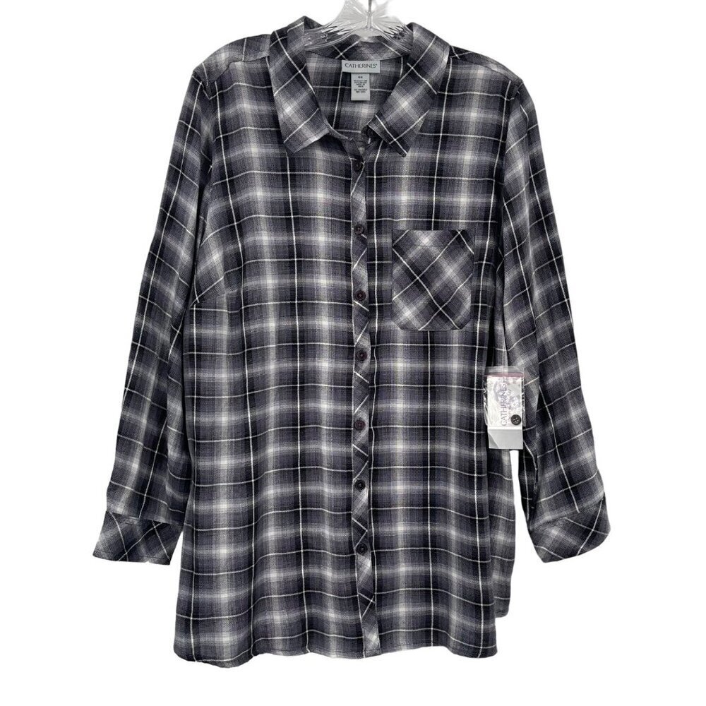 New Catherines Plaid Button Front Tunic Blouse Womens 0X Fall Casual Lightweight